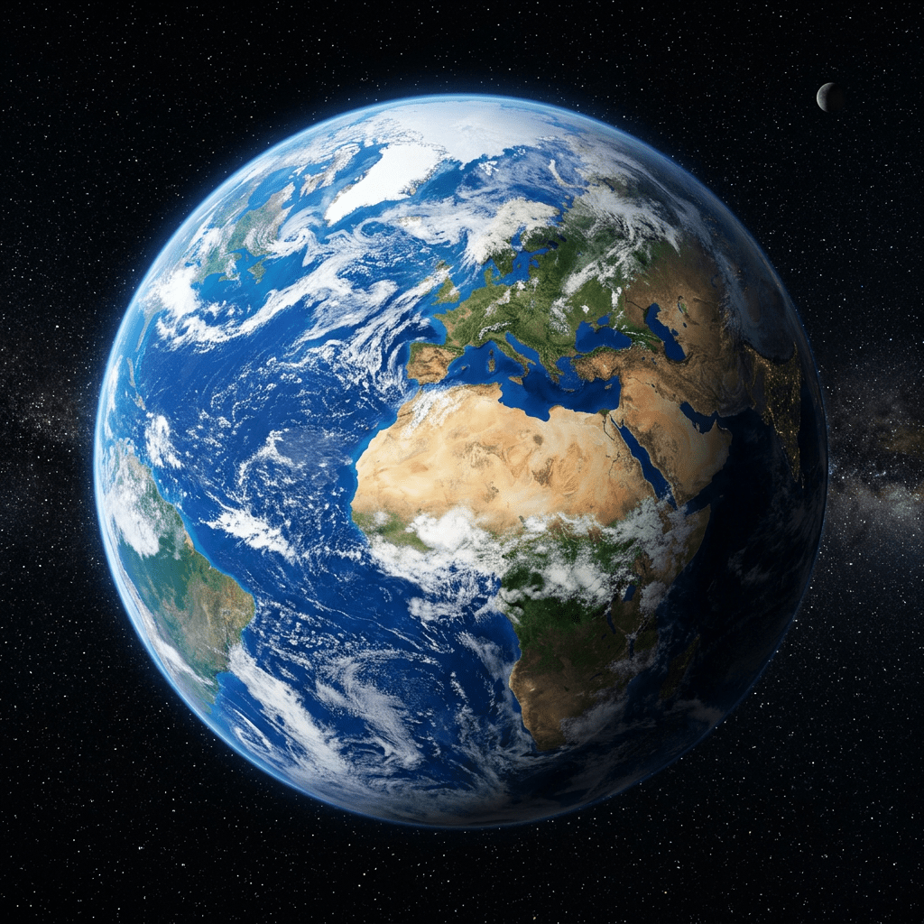 Earth showing Europe, Africa, and parts of the Atlantic Ocean with clouds and the Moon in the background